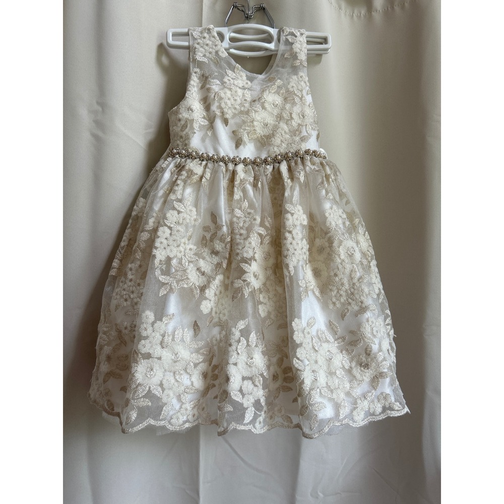 Ivory & Gold Floral Embroidered Tulle Special Occasion Dress Sz 5 Beaded Waist